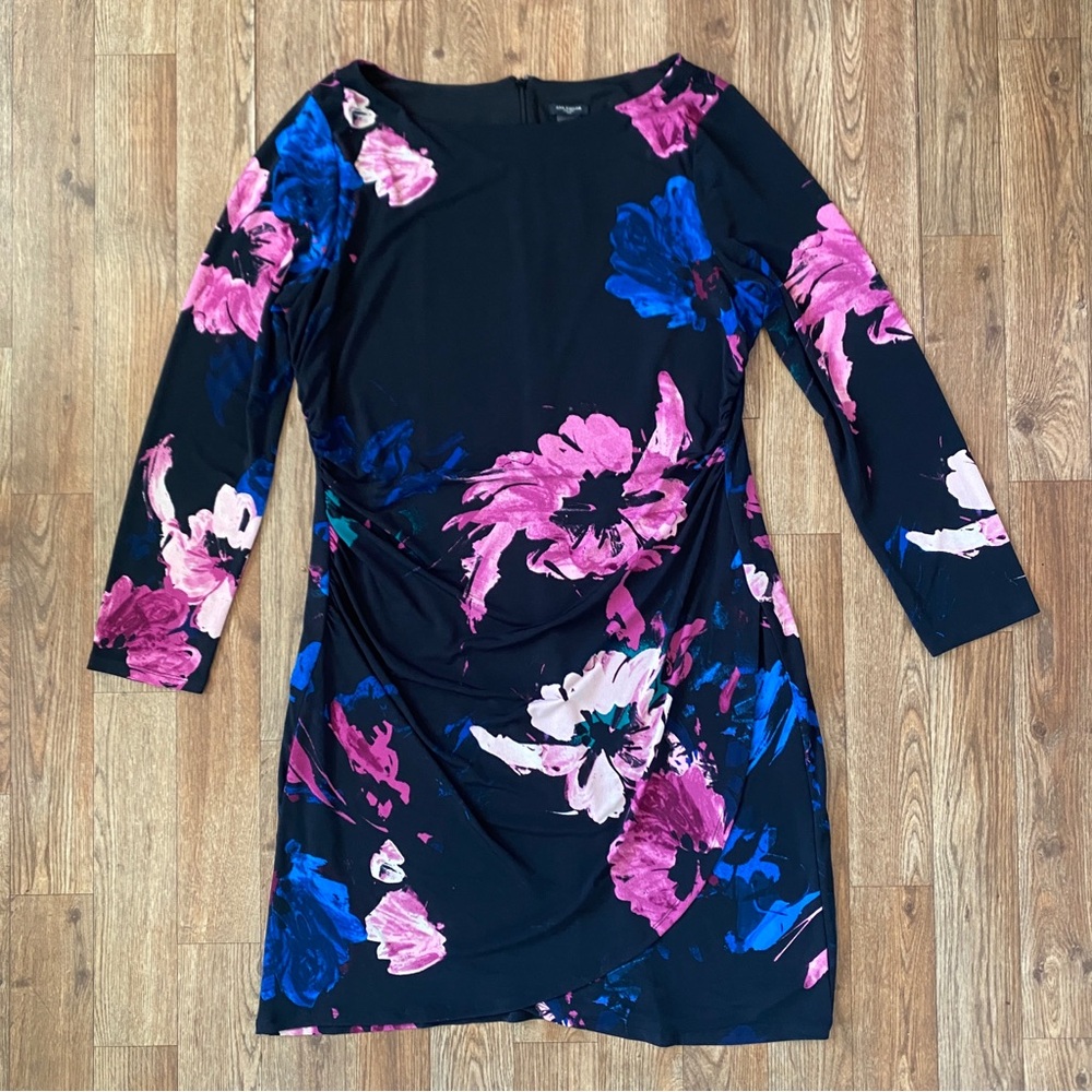 Ann Taylor Ruched Floral Dress XL Black Purple Blue Zipper Lined Long Sleeve NWT